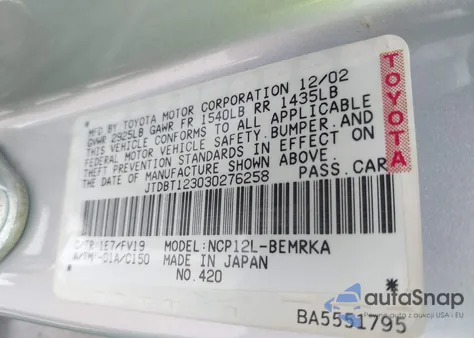 2003 Toyota Echo из США, поврежденный, VIN JTDBT123030276258